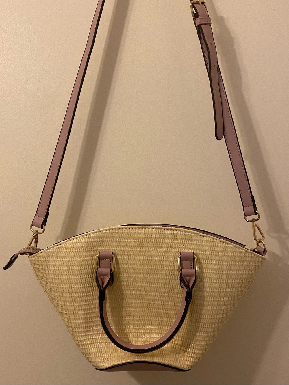 Woven Straw Crossbody Satchel with Purple Trim